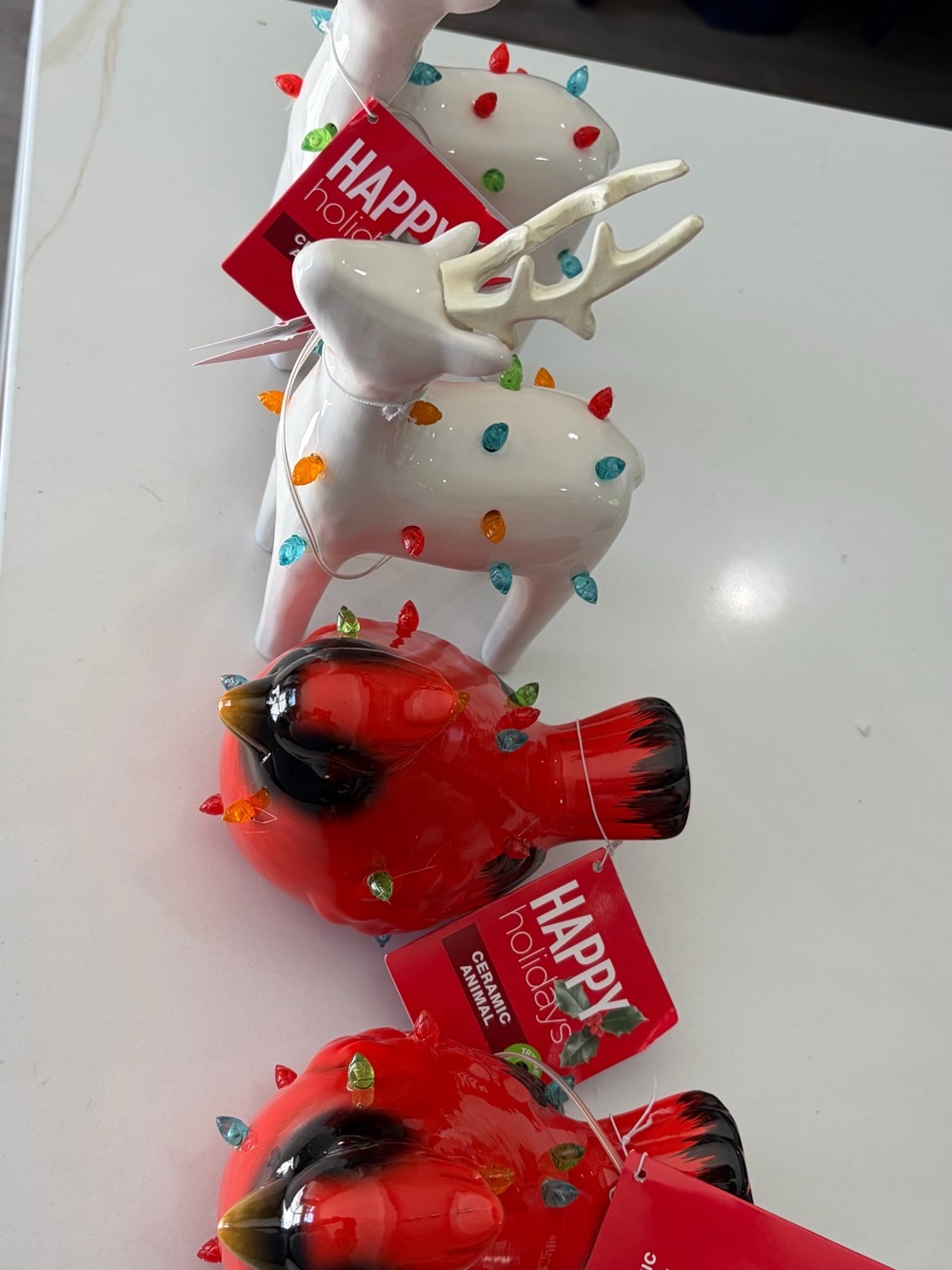 Holiday Ceramic 2 Cardinal and 2 Reindeer Figurines Light up. 4pcs included.